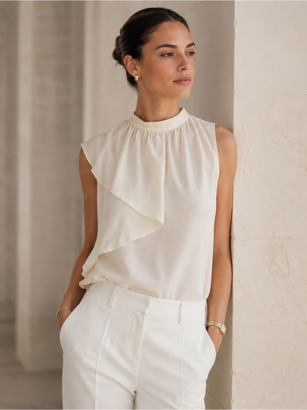 Tara Jarmon Silk Ruffle Blouse Cream Ivory Quiet Luxury Top size 34 (US 0)